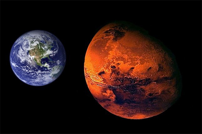 Trong sơ đồ bên dưới là Mặt Trời, Trái Đất và Sao Hỏa. Chúng ta nhìn thấy Sao  Hỏa vì nó phản chiếu ánh sáng từ Mặt Trời.Hình vẽ biểu diễn đường