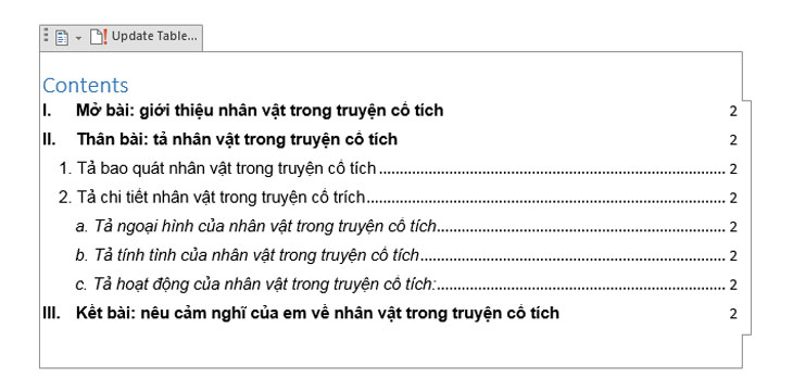 table of contents là gì