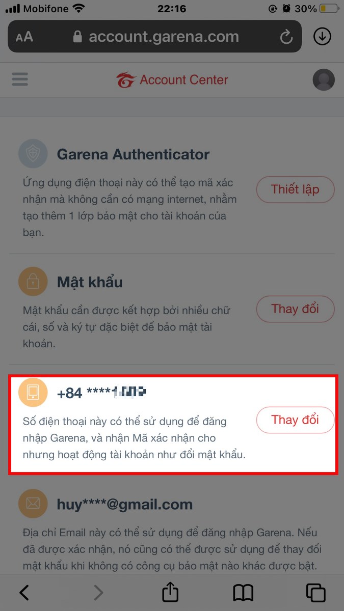 đổi số điện thoại garena