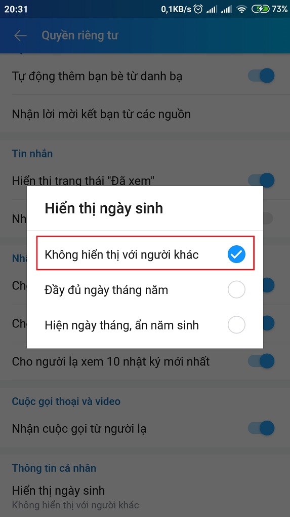 tắt thông báo sinh nhật trên zalo