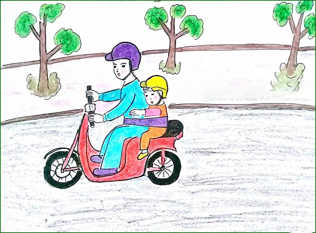 Vẽ tranh an toàn giao thông đội mũ bảo hiểm đơn giản và đẹp