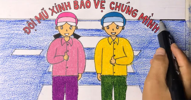 vẽ tranh đội mũ xinh bảo vệ chúng mình