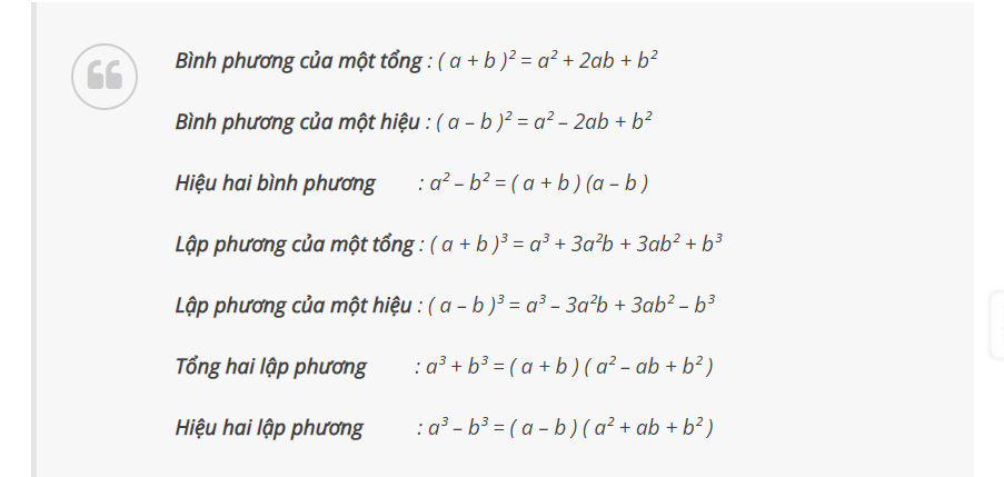 phát biểu bằng lời 7 hằng đẳng thức đáng nhớ